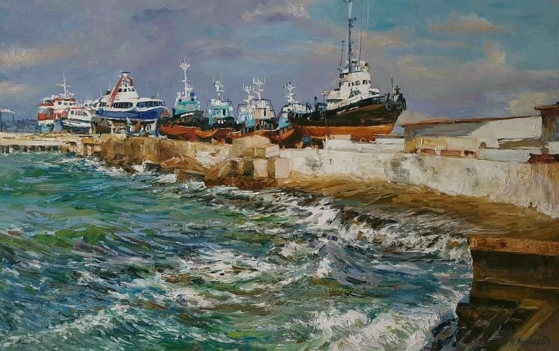 Прибой, корабли - картина Н.В.Зюзьковой