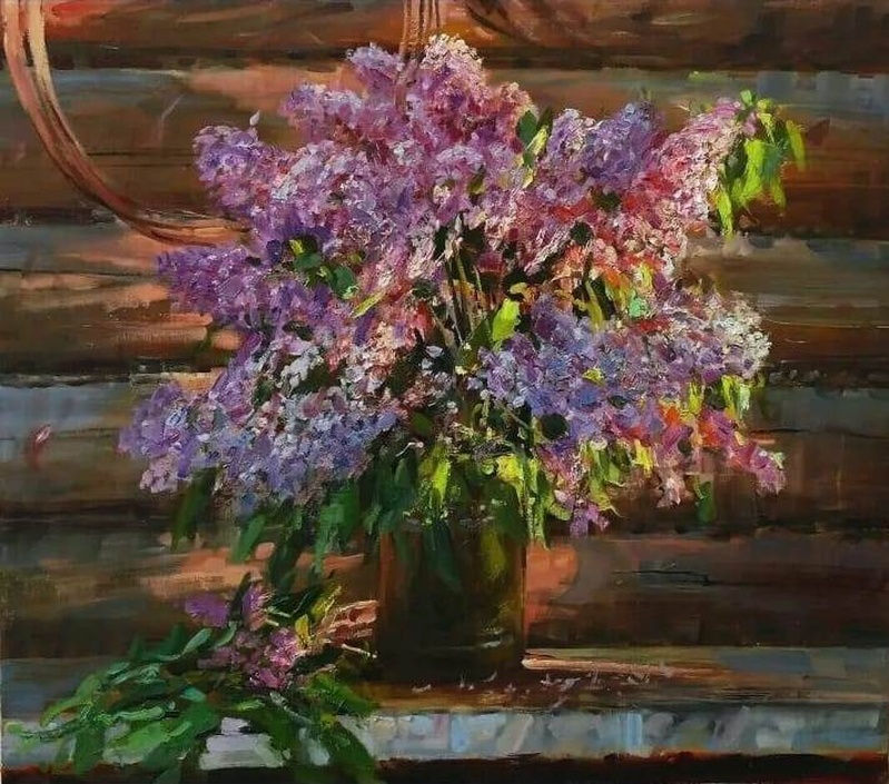 Сирень на завалинке - картина художника Е.П.Лимарева