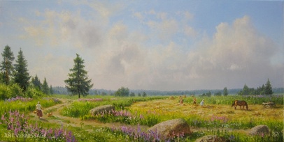 На покосных лугах - картина В.Ю.Жданова, русская живопись
